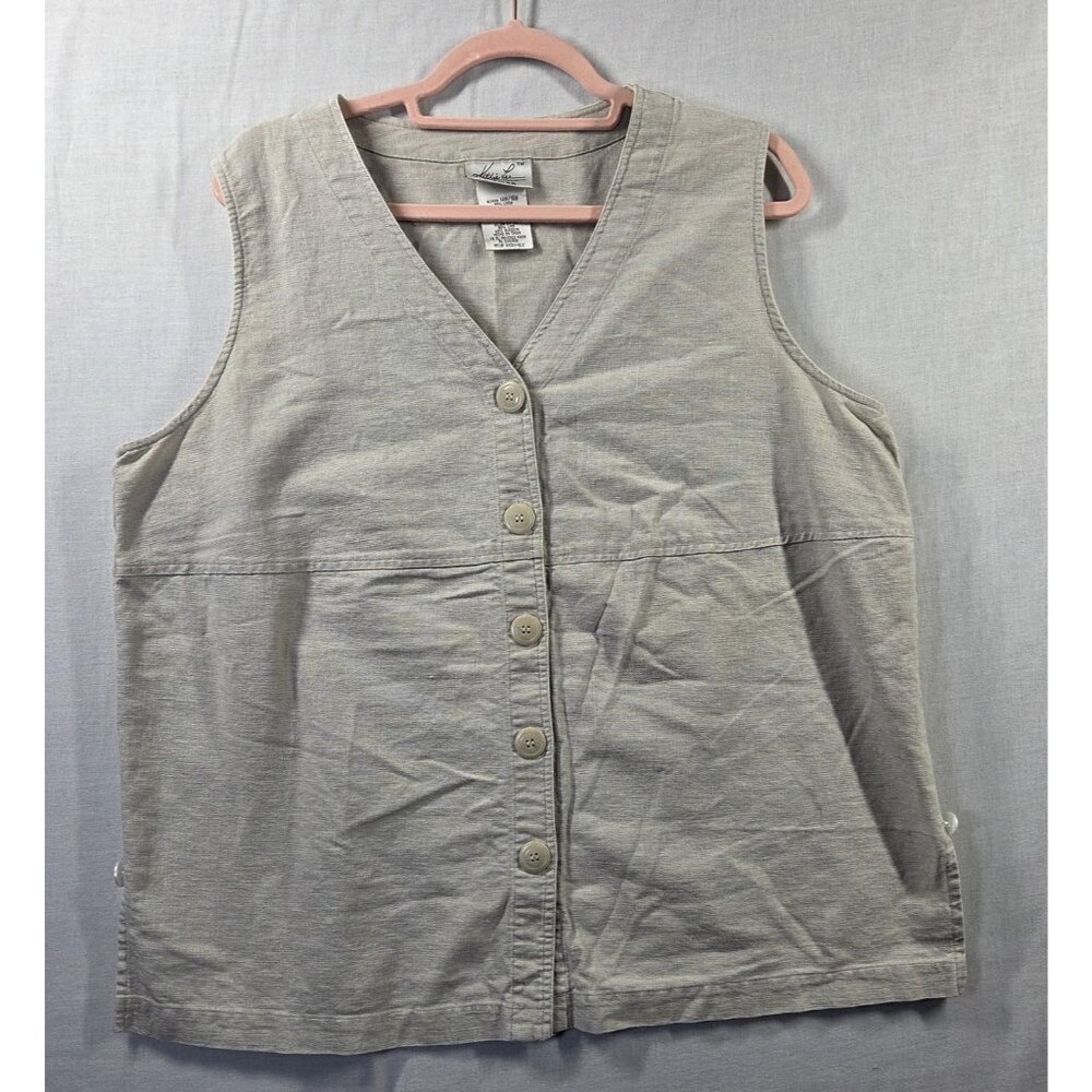 Kathie Lee Vest Womens 14W 16W Beige Linen Cotton Button Front Plus Size Casual